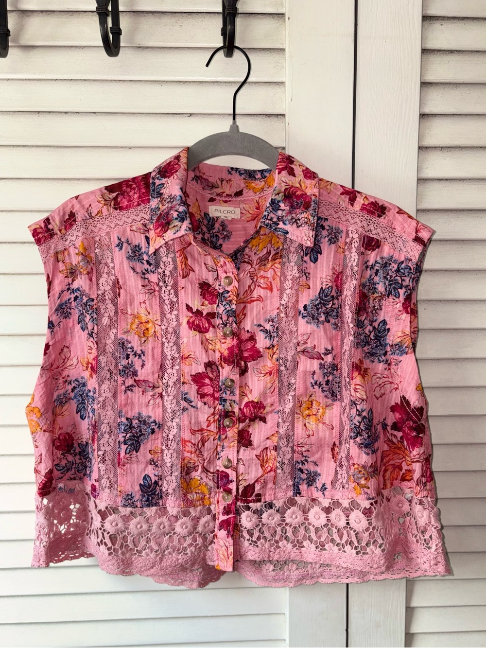 Pilcro Floral Lace Trim Boxy Blouse Pink Cottagecore Oversized Cotton Top SP - Picture 2 of 5